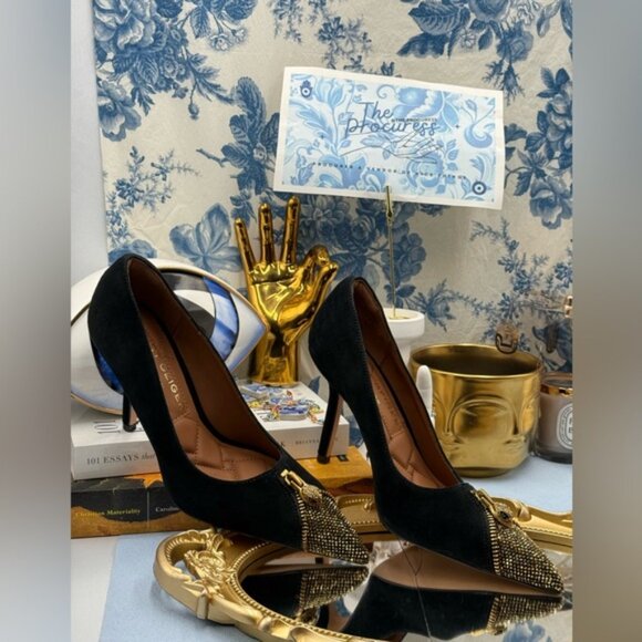 🆕 KURT GEIGER LONDON 🧿 NWOB Zip Court Heel, Black Suede & Gold Crystal Sz 37 7 - Picture 3 of 16